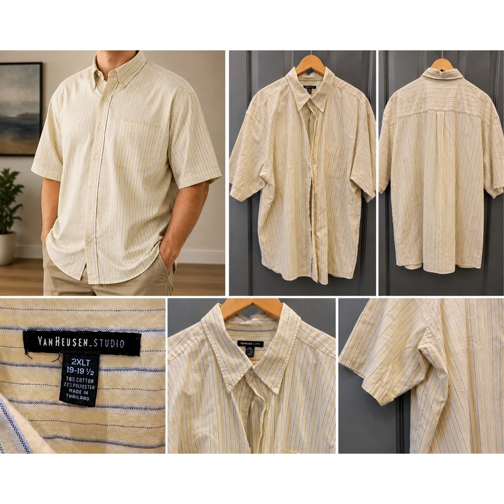 Van Heusen Studio Men's 2XLT Beige Blue Striped Short Sleeve Button Front Shirt